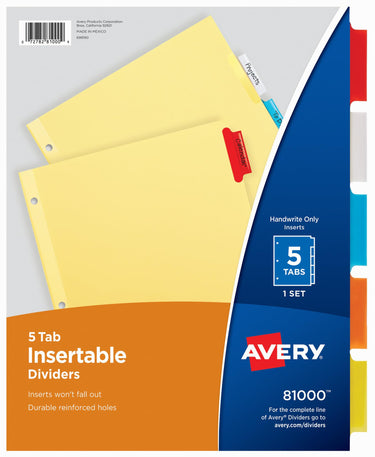 Avery Insertable Dividers, Buff Paper, 5 Multicolor Tabs, 1 Set (81000)